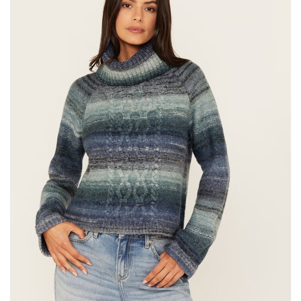 Cleo‎ + Wolf Ombre Blue Gray Cable Knit Turtleneck Sweater Size Small